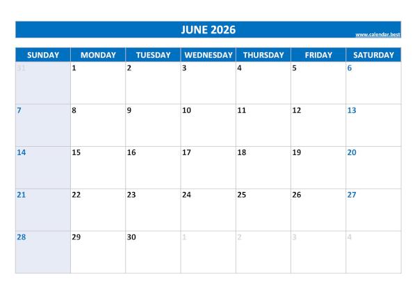 June 2026 printable calendar