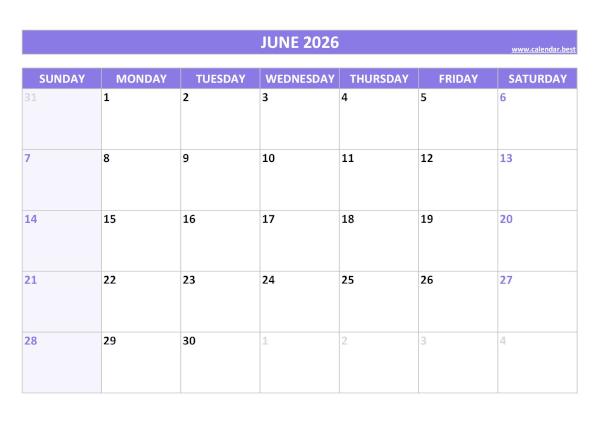Blank monthly calendar : June 2026