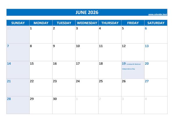 Printable monthly calendar with holidays, Month of June 2026, blue template June 2026 calendar with holidays