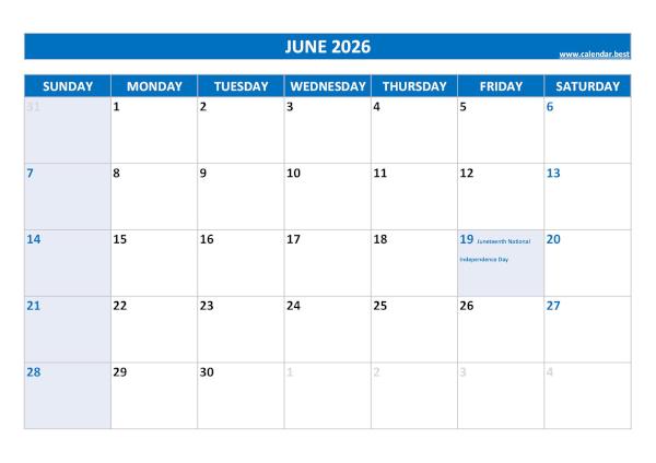 June 2026 calendar with holidays