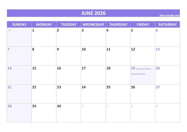 June calendar 2026 with holidays