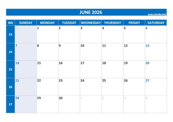 June calendar 2026 with week numbers