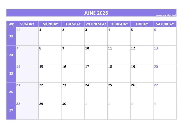 June calendar 2026 with week numbers