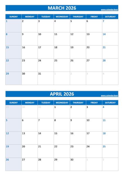 March and April 2026 calendar, blank, A4 portrait, blue template