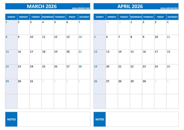 March and April 2026 calendar with US holidays, A4 landscape, blue template