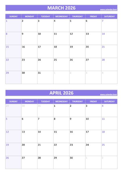 March and April 2026 calendar with US holidays, A4 portrait, purple template