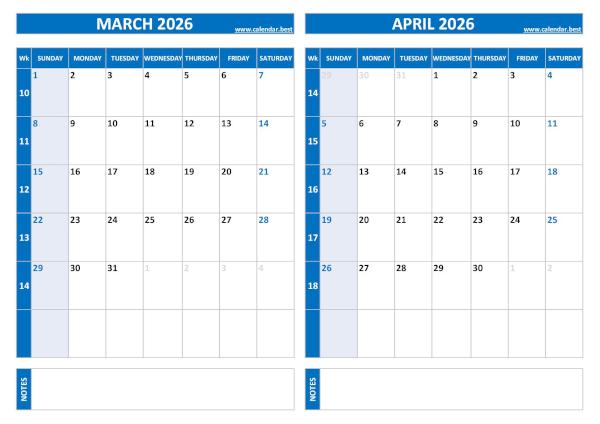 March and April 2026 calendar with week numbers, A4 landscape, blue template