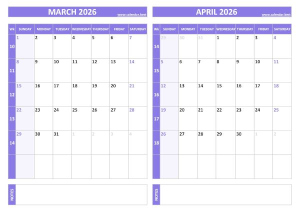 March and April 2026 calendar with week numbers, A4 landscape, purple template