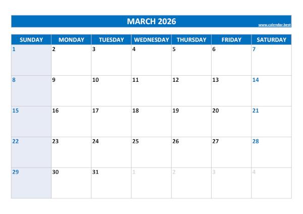 Blank monthly calendar : March 2026