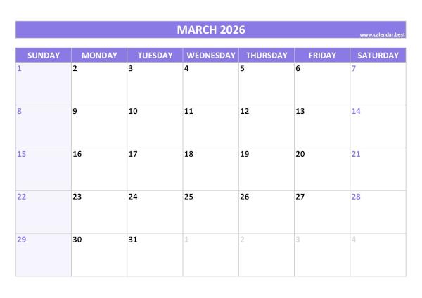 March 2026 calendar printable with federal holidays, free download, purple template March calendar 2026 with holidays