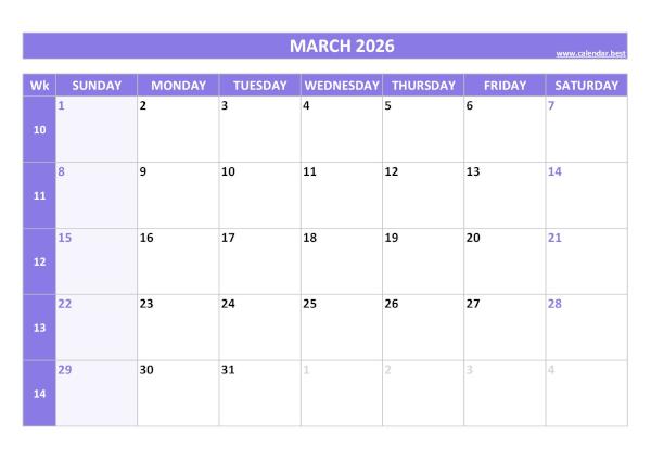 March 2026 calendar printable with week numbers, free download, purple template March calendar 2026 with week numbers