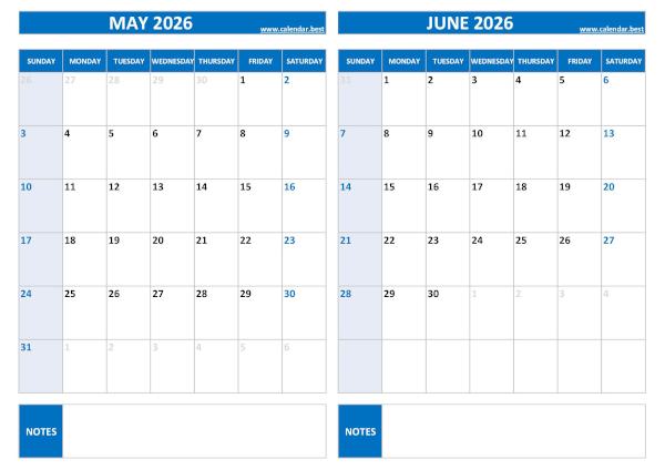 Free printable May and June 2026 blank calendar - landscape format, blue template, download as PDF or JPG May and June 2026 calendar, blank, A4 landscape, blue template
