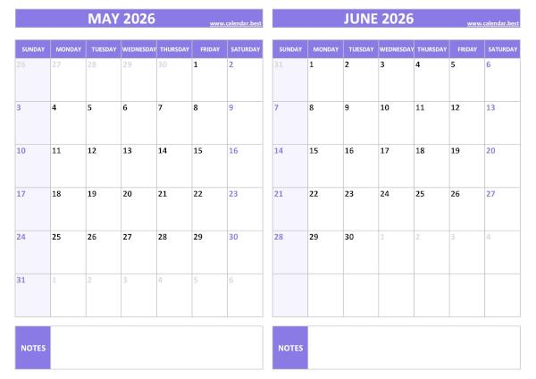 Free printable May and June 2026 blank calendar - landscape format, purple template, download as PDF or JPG May and June 2026 calendar, blank, A4 landscape, purple template
