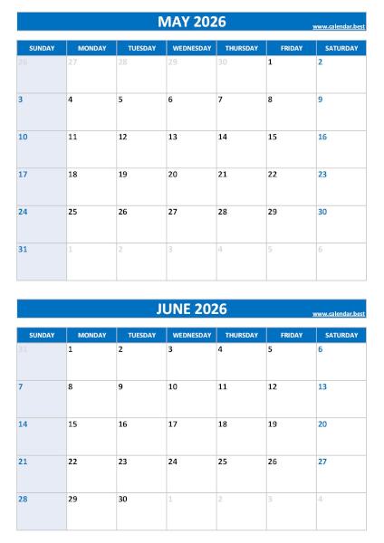 Free printable May and June 2026 blank calendar - portrait format, blue template, download as PDF or JPG May and June 2026 calendar, blank, A4 portrait, blue template