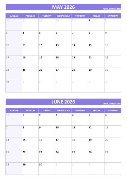Free printable May and June 2026 blank calendar - portrait format, purple template, download as PDF or JPG May and June 2026 calendar, blank, A4 portrait, purple template