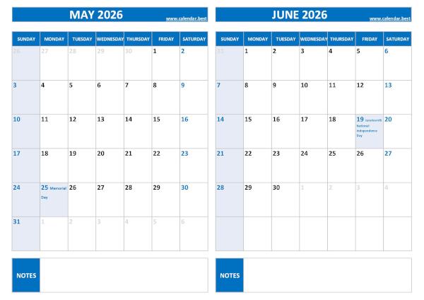Free printable May and June 2026 calendar with US federal holidays, landscape format, blue template, download as PDF or JPG May and June 2026 calendar with US holidays, A4 landscape, blue template