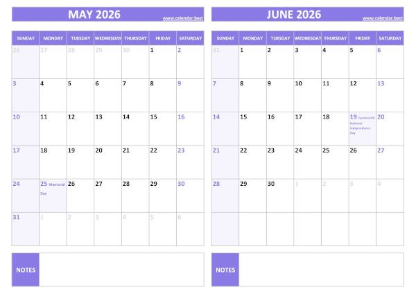 Free printable May and June 2026 calendar with US federal holidays, landscape format, purple template, download as PDF or JPG May and June 2026 calendar with US holidays, A4 landscape, purple template