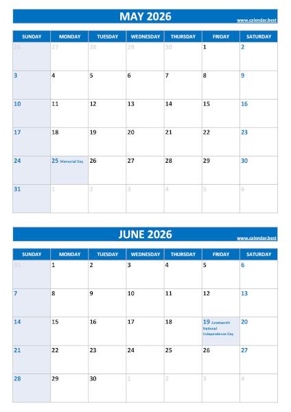 Free printable May and June 2026 calendar with US federal holidays, portrait format, blue template, download as PDF or JPG May and June 2026 calendar with US holidays, A4 portrait, blue template
