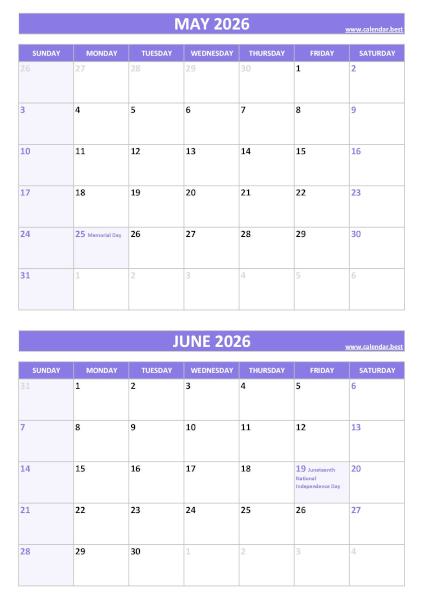 Free printable May and June 2026 calendar with US federal holidays, portrait format, purple template, download as PDF or JPG May and June 2026 calendar with US holidays, A4 portrait, purple template