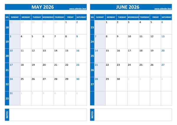 Free printable May and June 2026 calendar with US week layout, landscape format, blue template, download as PDF or JPG May and June 2026 calendar with week numbers, A4 landscape, blue template