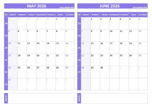 Free printable May and June 2026 calendar with US week layout, landscape format, purple template, download as PDF or JPG May and June 2026 calendar with week numbers, A4 landscape, purple template