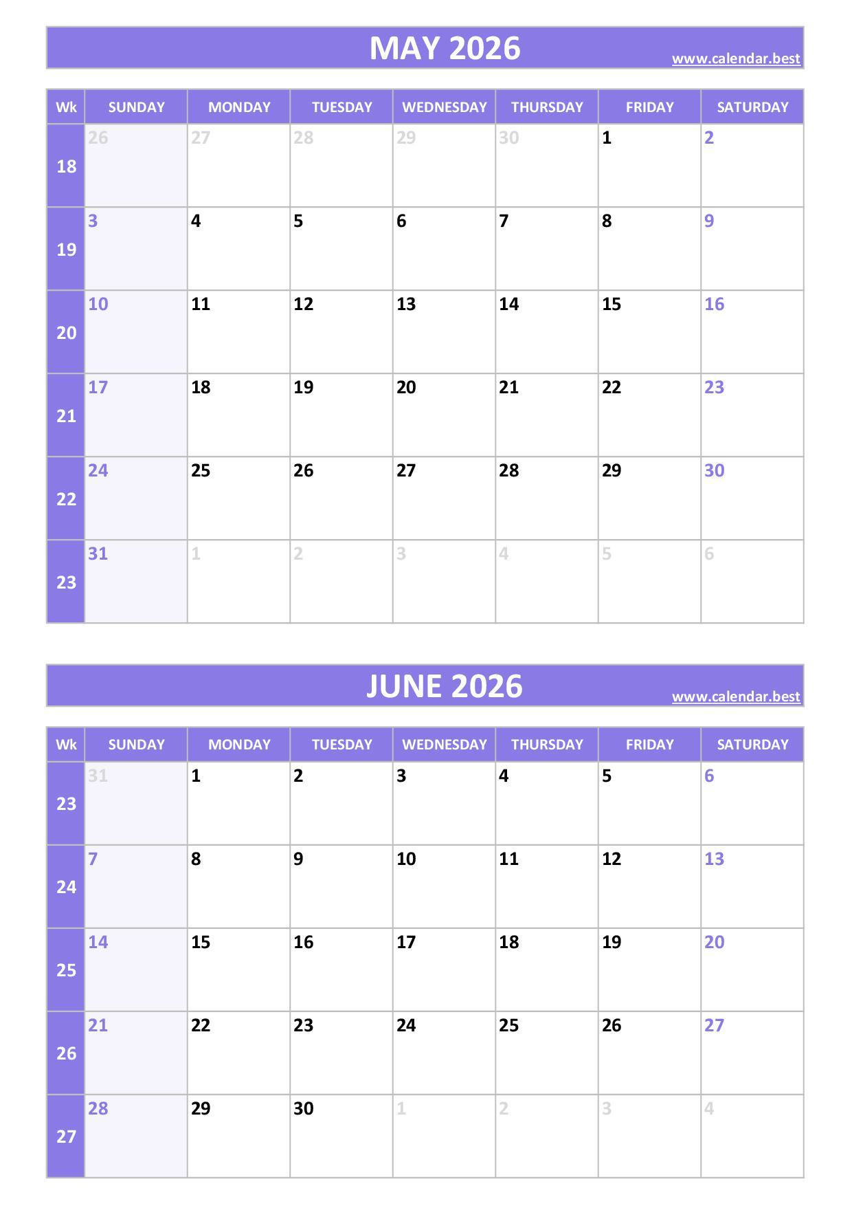 Free printable May and June 2026 calendar with US week layout, portrait format, purple template, download as PDF or JPG May and June 2026 calendar with week numbers, A4 portrait, purple template