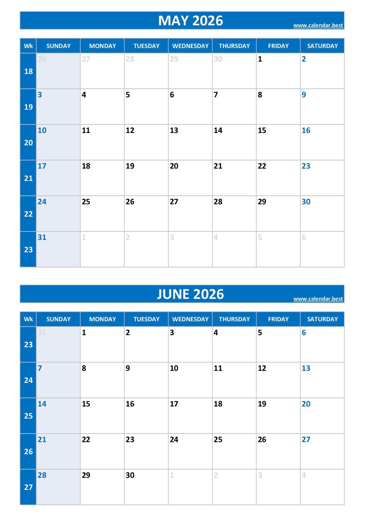 Free printable May and June 2026 calendar with US week layout, portrait format, blue template, download as PDF or JPG May and June 2026 calendar with week numbers, A4 portrait, blue template