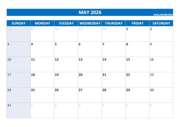 Blank monthly calendar : May 2026