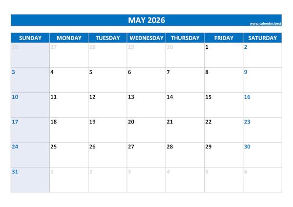 Monthly calendar printable, May 2026, blue template Blank monthly calendar : May 2026