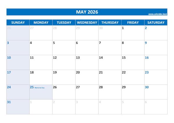Printable monthly calendar with holidays, Month of May 2026, blue template May 2026 calendar with holidays