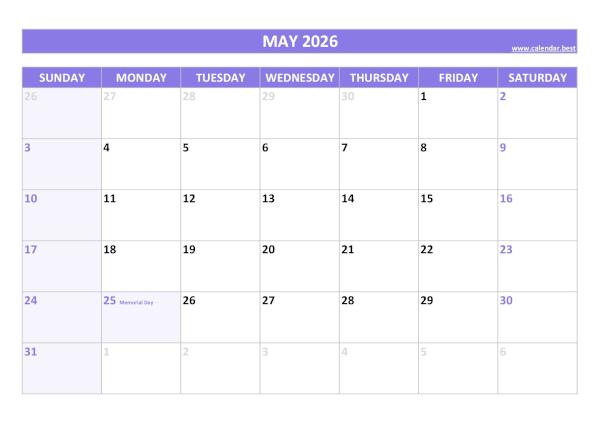 May 2026 calendar printable with federal holidays, free download, purple template May calendar 2026 with holidays
