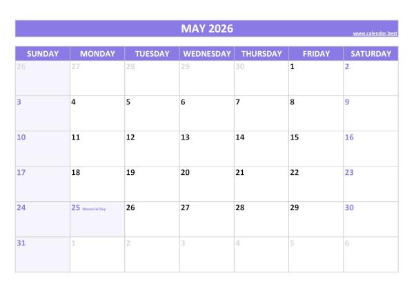 May calendar 2026 with holidays