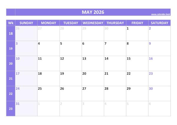 May 2026 calendar printable with week numbers, free download, purple template May calendar 2026 with week numbers