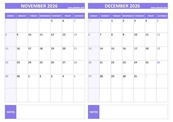 November and December 2026 calendar, blank, A4 landscape, purple template