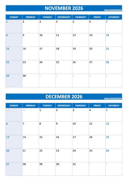November and December 2026 calendar, blank, A4 portrait, blue template