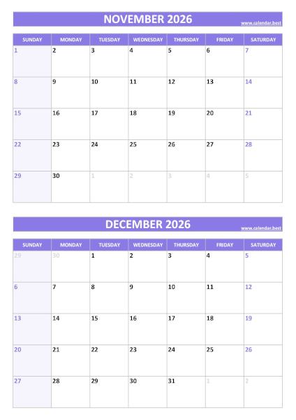 November and December 2026 calendar, blank, A4 portrait, purple template