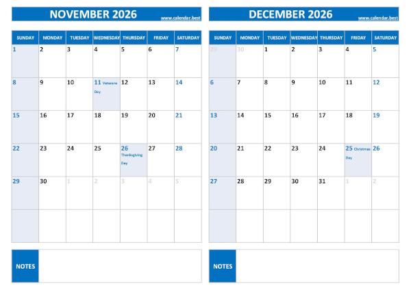 November and December 2026 calendar with US holidays, A4 landscape, blue template
