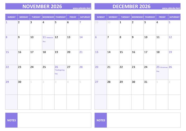 November and December 2026 calendar with US holidays, A4 landscape, purple template
