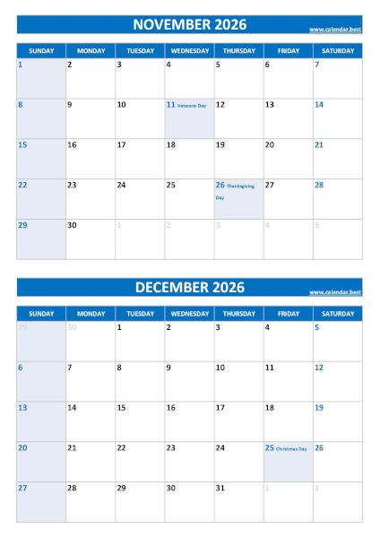 November and December 2026 calendar with US holidays, A4 portrait, blue template