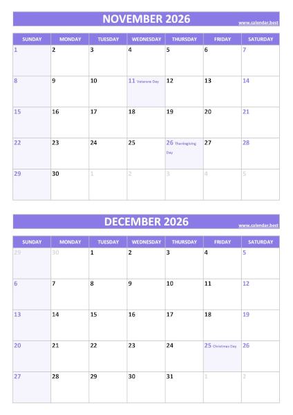 November and December 2026 calendar with US holidays, A4 portrait, purple template
