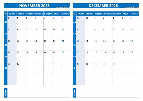 November and December 2026 calendar with week numbers, A4 landscape, blue template