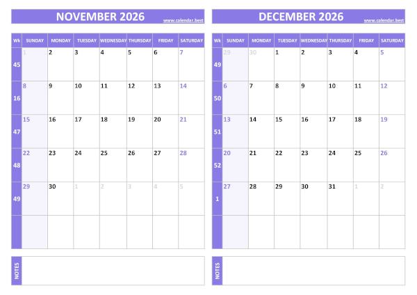 November and December 2026 calendar with week numbers, A4 landscape, purple template