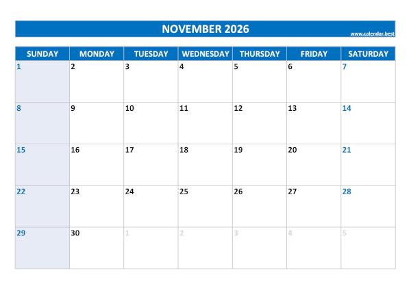 Monthly calendar printable, November 2026, blue template Blank monthly calendar : November 2026