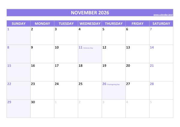 November calendar 2026 with holidays