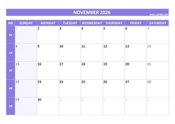 November calendar 2026 with week numbers