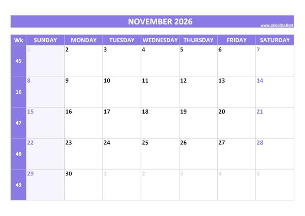 November calendar 2026 with week numbers