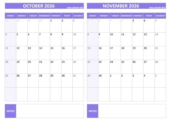 October and November 2026 calendar, blank, A4 landscape, purple template