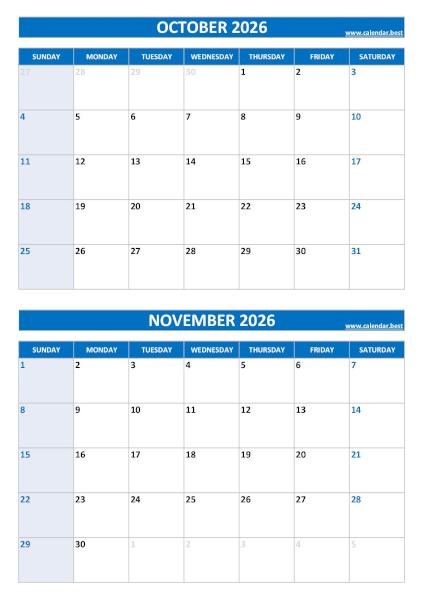 October and November 2026 calendar, blank, A4 portrait, blue template