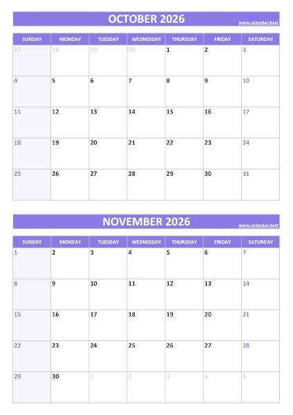 October and November 2026 calendar, blank, A4 portrait, purple template