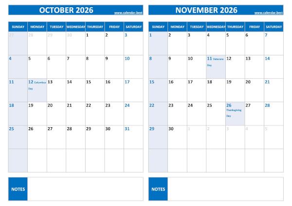 October and November 2026 calendar with US holidays, A4 landscape, blue template